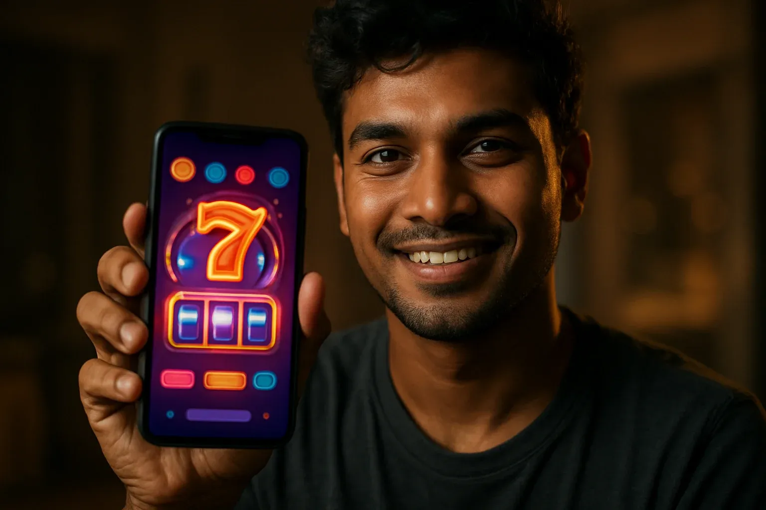 Young Bangladeshi man holding smartphone showing colorful mobile casino app interface