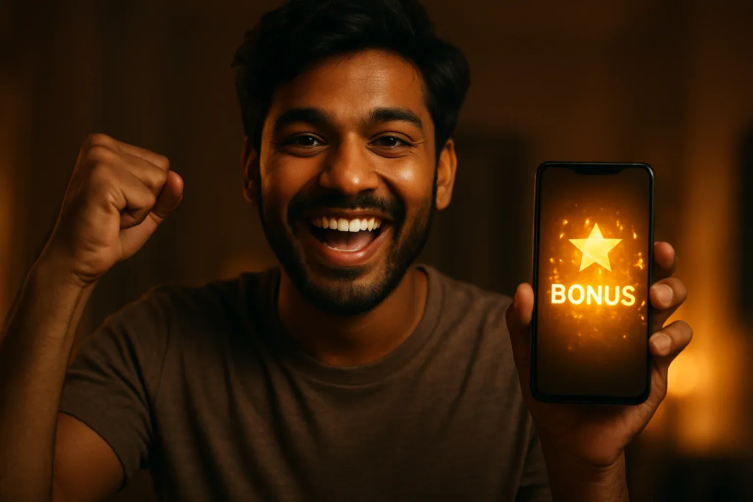 Joyful Bangladeshi man holding smartphone with glowing bonus notification celebration