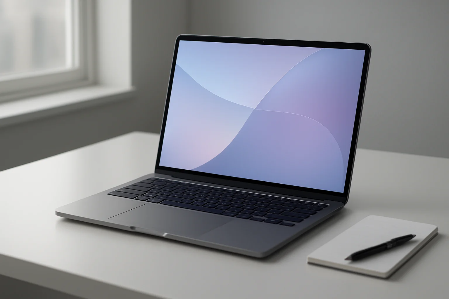 Modern laptop on white desk with glowing abstract screen