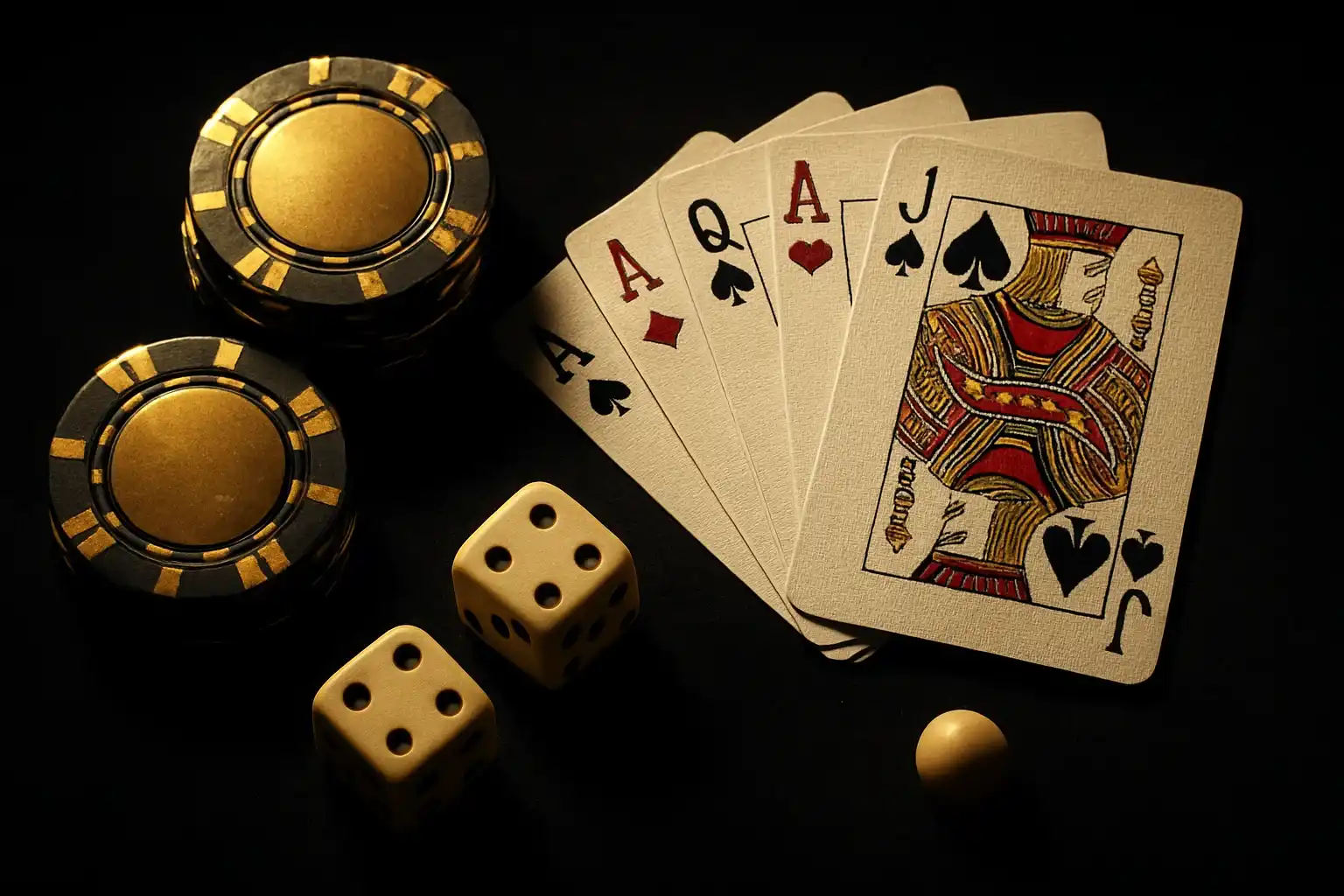 Top-down casino scene with chips, cards, dice, and roulette ball