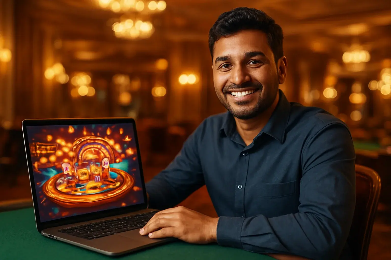 Cheerful Bangladeshi man with open laptop at premium casino lounge
