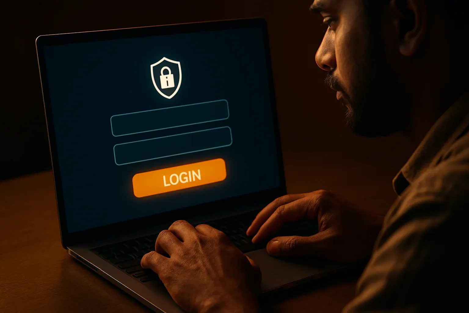Bangladeshi man's hands on laptop showing stylized login form screen