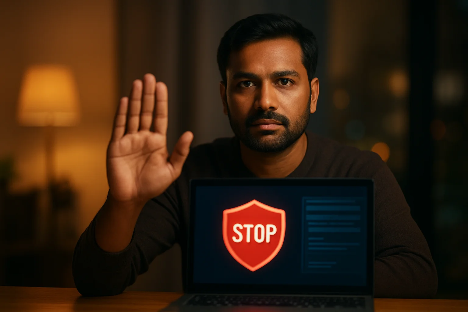 Bangladeshi man shows stop gesture beside laptop with responsible gambling screen