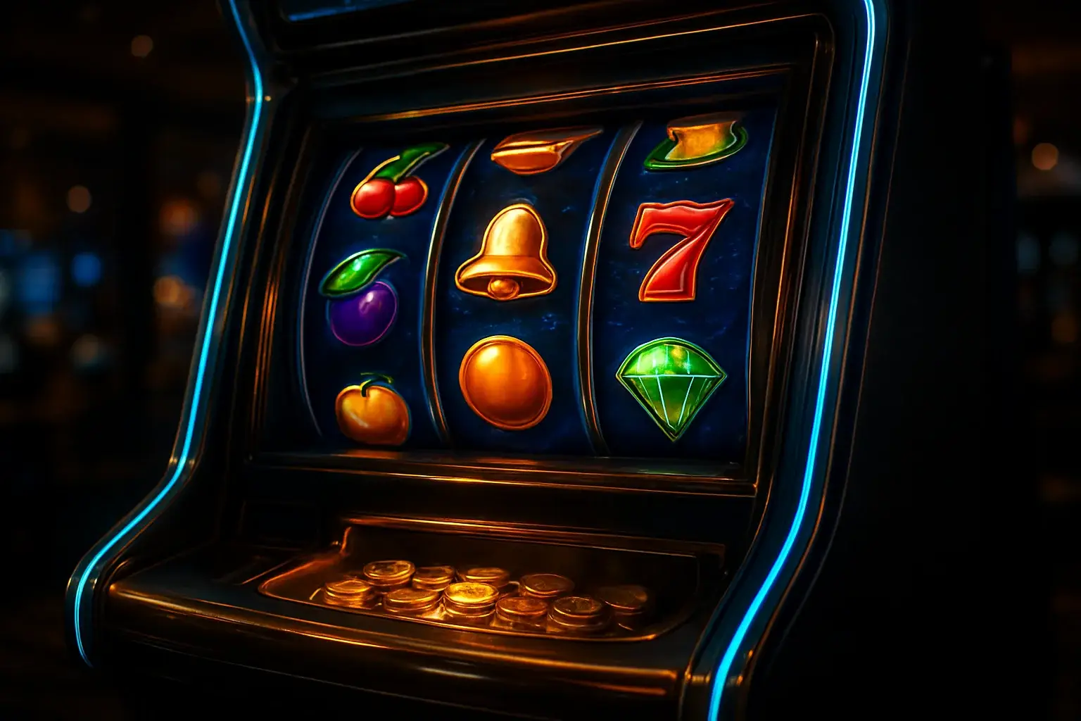Hyperrealistic premium slot machine with glowing reels in luxury casino